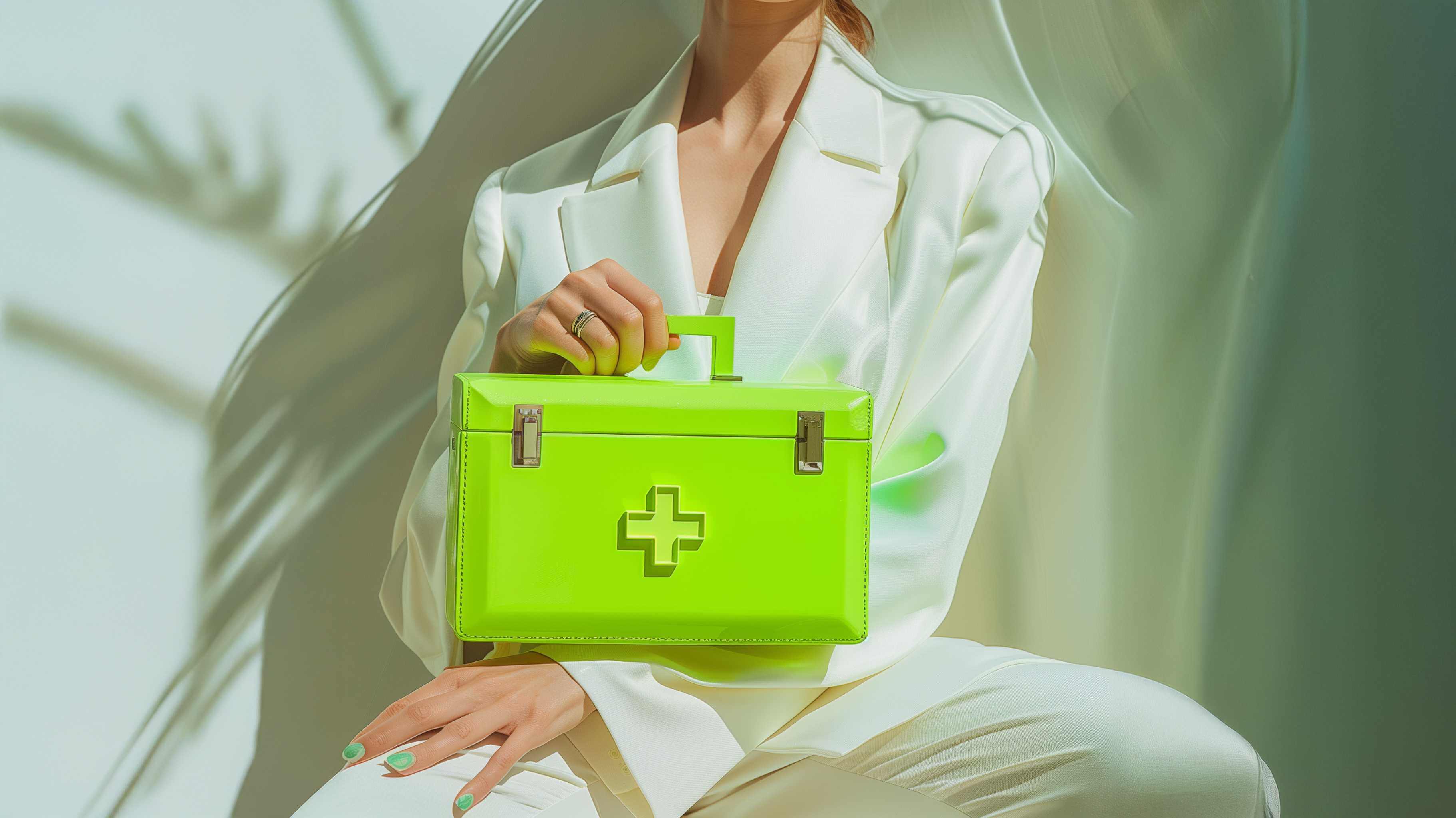 Person holding a bright green first aid kit against a neutral background