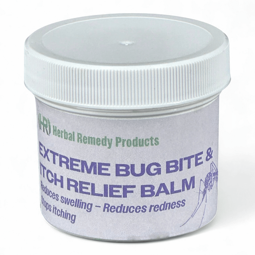 Jar of Extreme Bug Bite & Itch Relief Balm with white lid on a white background