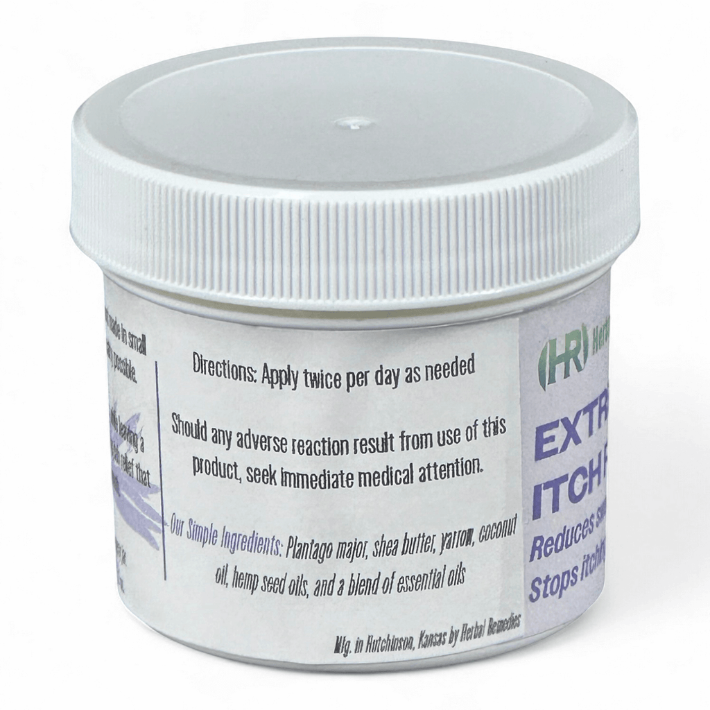 Label on jar of herbal balm stating: "Directions: Apply twice per day as needed

Should any adverse reaction result from use of this product, seek immediate medical attention.

Our Simple Ingredients: Plantago major, shea butter, yarrow, coconut oil, hemp seed oils, and a blend of essential oils

Mfg. in Hutchinson, Kansas by Herbal Remedies"