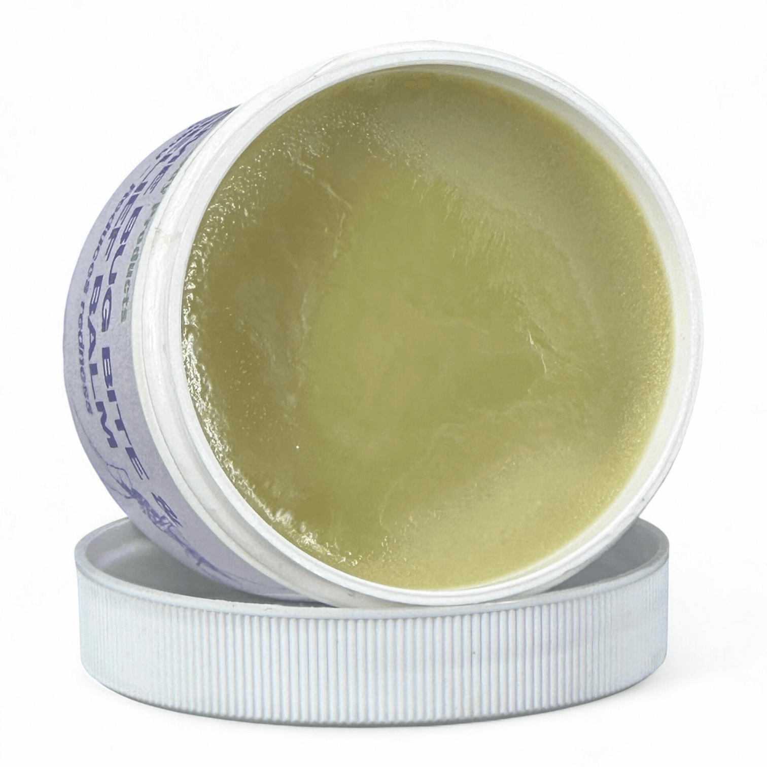Open jar of green cream with visible label on a white background