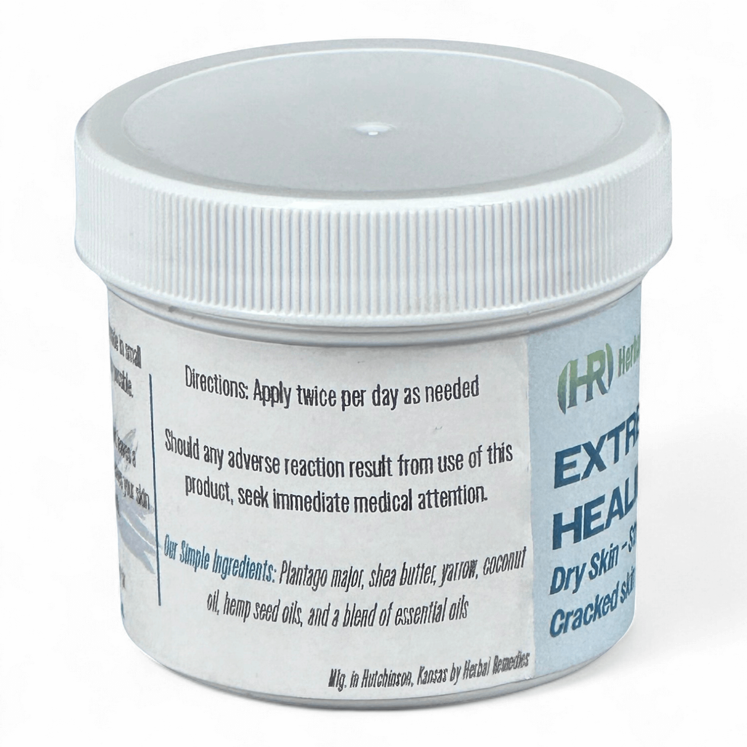 Label on jar of herbal balm stating: "Directions: Apply twice per day as needed

Should any adverse reaction result from use of this product, seek immediate medical attention.

Our Simple Ingredients: Plantago major, shea butter, yarrow, coconut oil, hemp seed oils, and a blend of essential oils

Mfg. in Hutchinson, Kansas by Herbal Remedies"