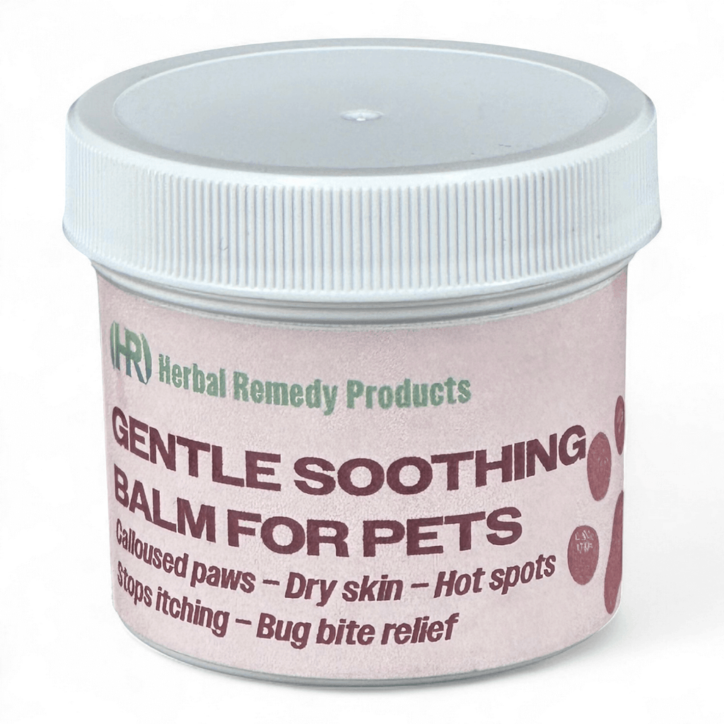 Jar of Gentle Soothing Balm for Pets with white lid on a white background