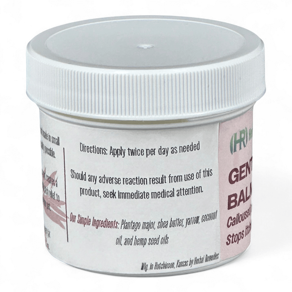 Label on jar of herbal balm stating: "Directions: Apply twice per day as needed

Should any adverse reaction result from use of this product, seek immediate medical attention.

Our Simple Ingredients: Plantago major, shea butter, yarrow, coconut oil, hemp seed oils, and a blend of essential oils

Mfg. in Hutchinson, Kansas by Herbal Remedies"