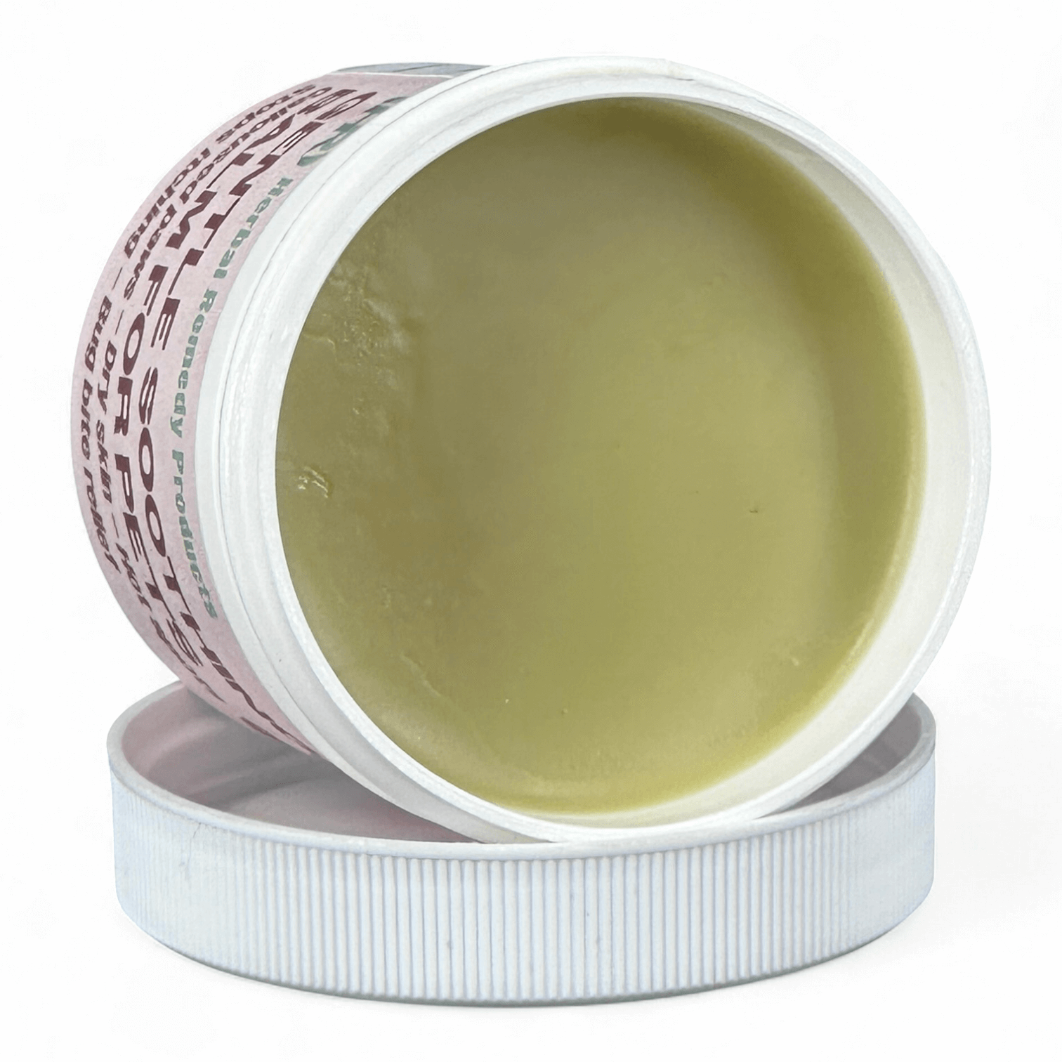 Open jar of cream with visible label on a white background